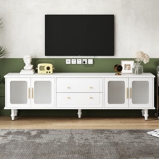 White TV Stand Media Console Table with Fluted Glass Doors & 2 Drawers ...