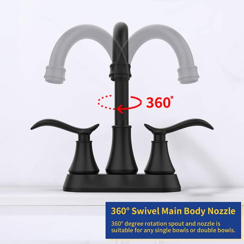 Bathroom Faucet with Pop-up Drain & Supply Hoses 2-Handle 360 Degree High Arc Swivel Spout Centerset 4 Inch Vanity Sink Faucet