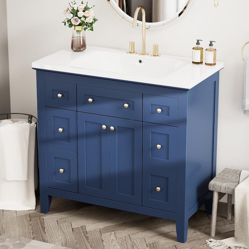 36'' Bathroon Vanity with Resin Sink Combo Set, Modern Freestanding Single Bathroom Cabinet with 6 Drawers & 2 Cabinets