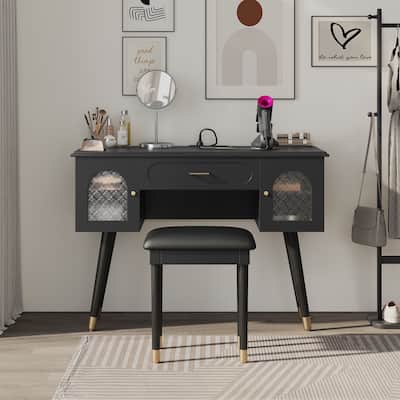 Modern Makeup Table and Chair Set with Organizer and Charging Port