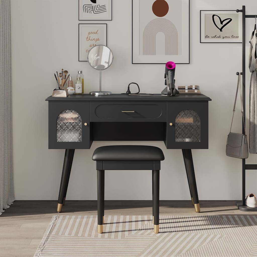 Modern Makeup Table and Chair Set with Organizer and Charging Port