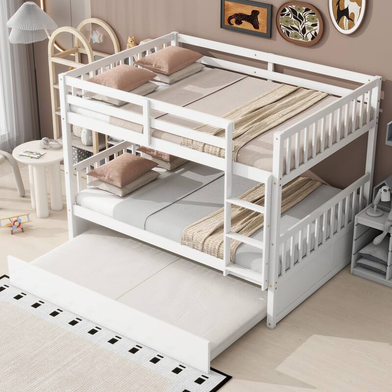 Full Over Full Bunk Bed with Twin Trundle and Convertible 3-in-1 Design with Guardrails & Ladder (250lb Capacity)