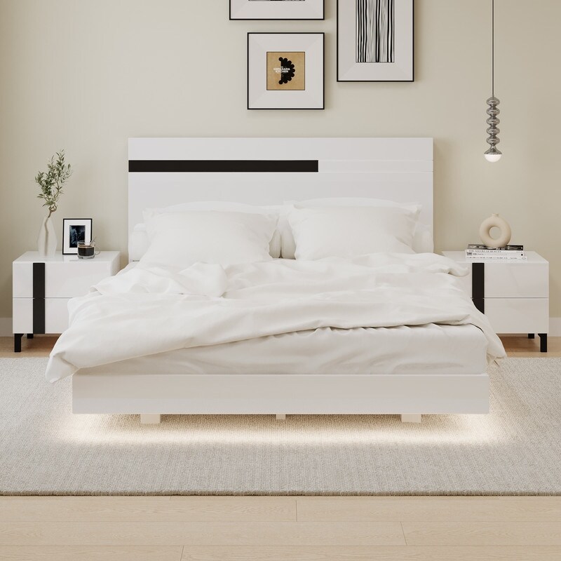Minimalist Style Glossy 3 Piece Bedroom Sets Queen Size Floating Platform Bed Frame with LED Light 2 Nightstands