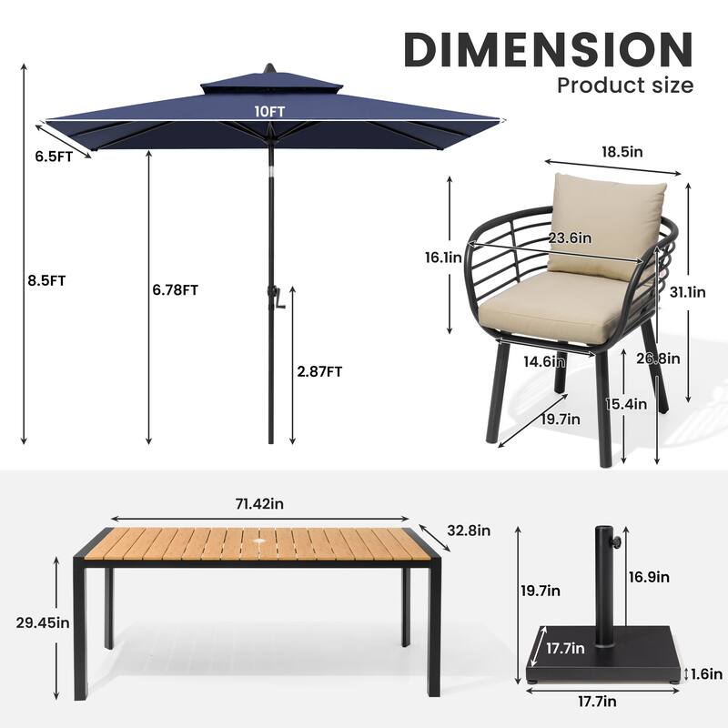 9/11-Piece Outdoor Patio Dining Set w/10 ft Umbrella and Base Aluminum Dining Table and Dining Chairs with Sunbrella Cushions
