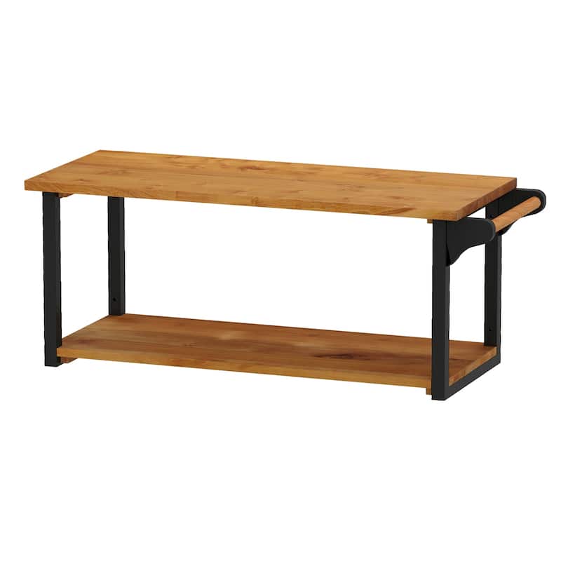 Teak Wood Wall-Mounted Shelf with Towel Bar 2-Tier Floating Rack for Bathroom or Kitchen - 40.5" x 15.5" x 16"