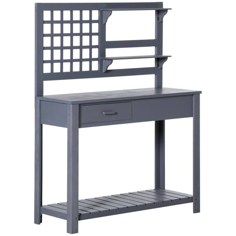 Grey Solid Wood Potting Table with Drawers Top Shelf and Bottom Storage for Gardening - 41.25" W x 16.5" D x 55.75" H