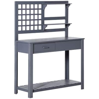 Grey Solid Wood Potting Table with Drawers Top Shelf and Bottom Storage for Gardening - 41.25" W x 16.5" D x 55.75" H