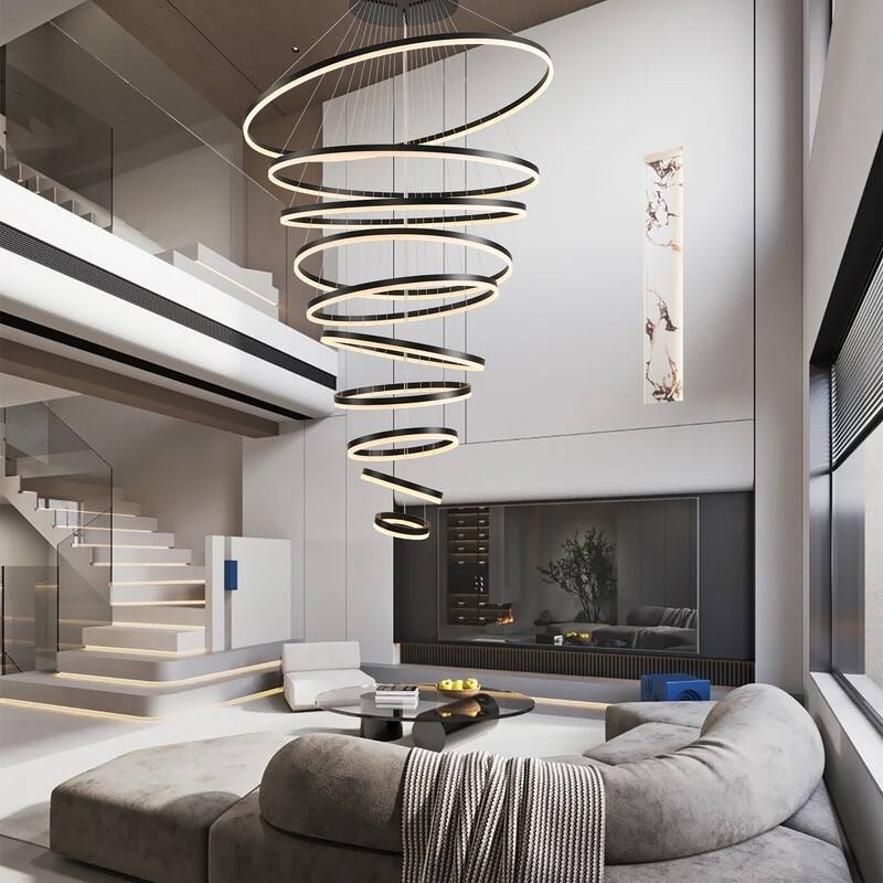 Modern Ring LED Chandelier Remote Control Dimmable Pendant High Ceiling Light Fixture