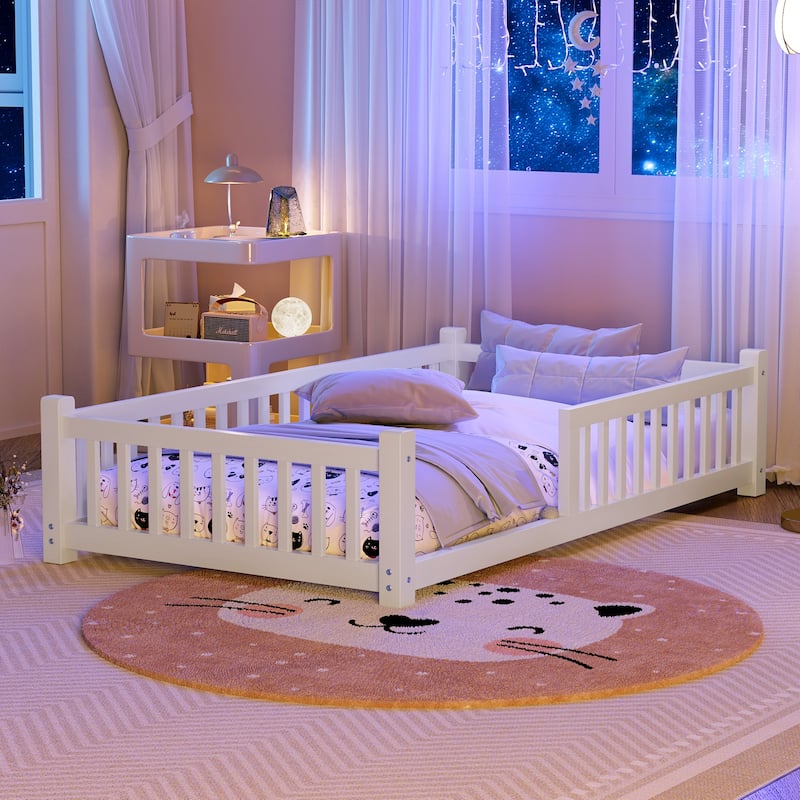 Twin Size Low House Tent Bed with Removable Roof Convertible Floor Bed with Fence, No Door for Kids Boys Girls