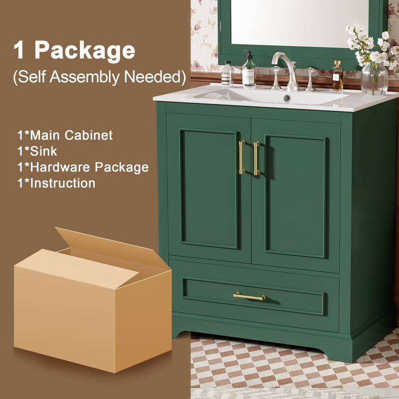 Bathroom Vanity with Ceramic Sink, Freestanding Storage Cabinet with Double Shelf, 1 Divider Drawer & 2 Soft-close Doors