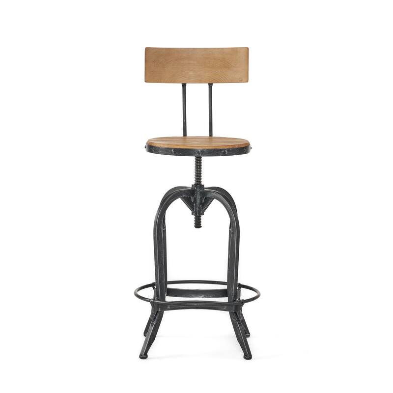 Roomfitters Industrial Adjustable Bar Stool with Wood Seat and Backrest, Swivel Metal Frame with Footrest, Natural Black