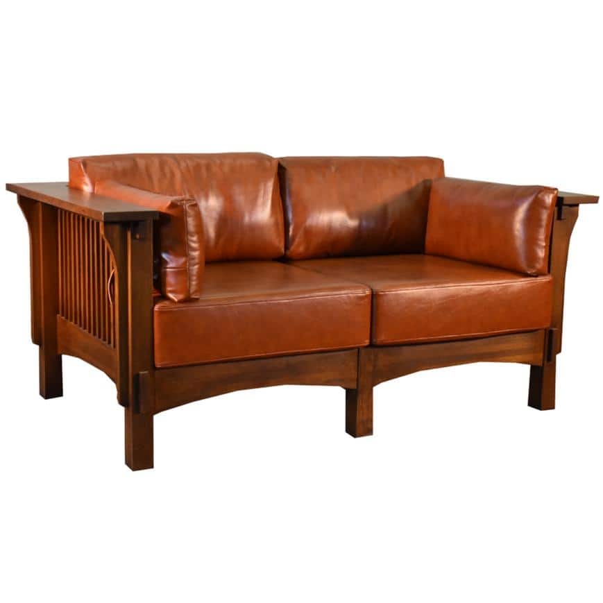 Arts And Crafts / Craftsman Crofter Style Love Seat - Russet Brown Leather (RB1)