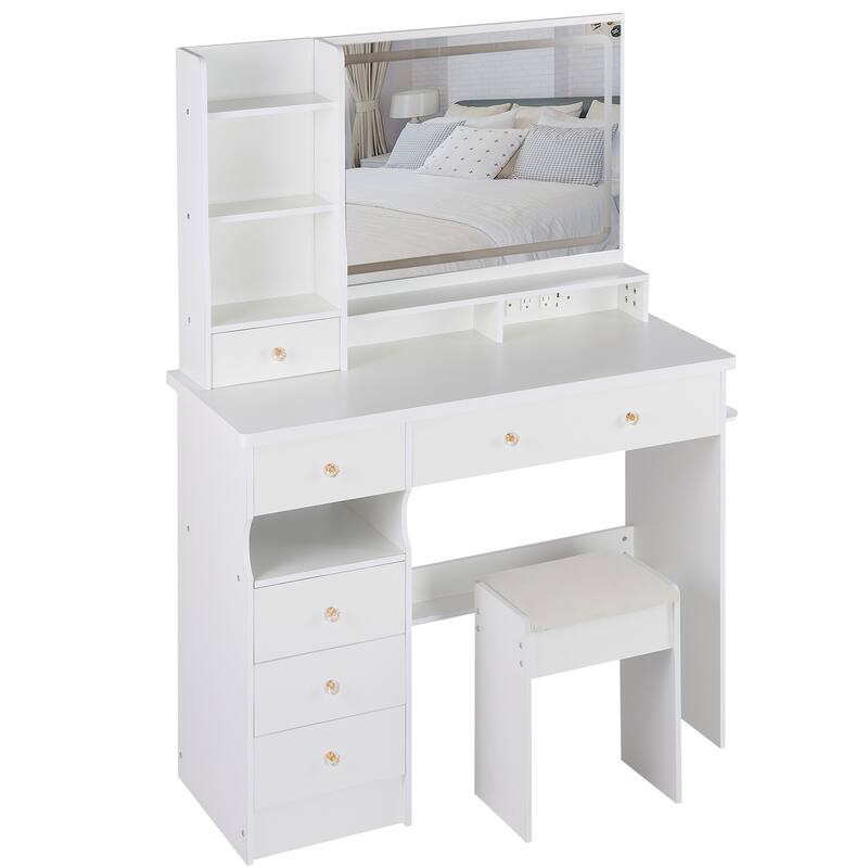 Large Size Left Drawer Dresser Set with Cushioned Stool, Power Station and LED Mirror