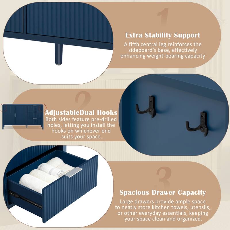 Wave-Pattern Sideboard with Hooks, 2 Doors & 3 Drawers, Large Capacity Buffet Cabinet, Storage Cabinet with Adjustable Shelf