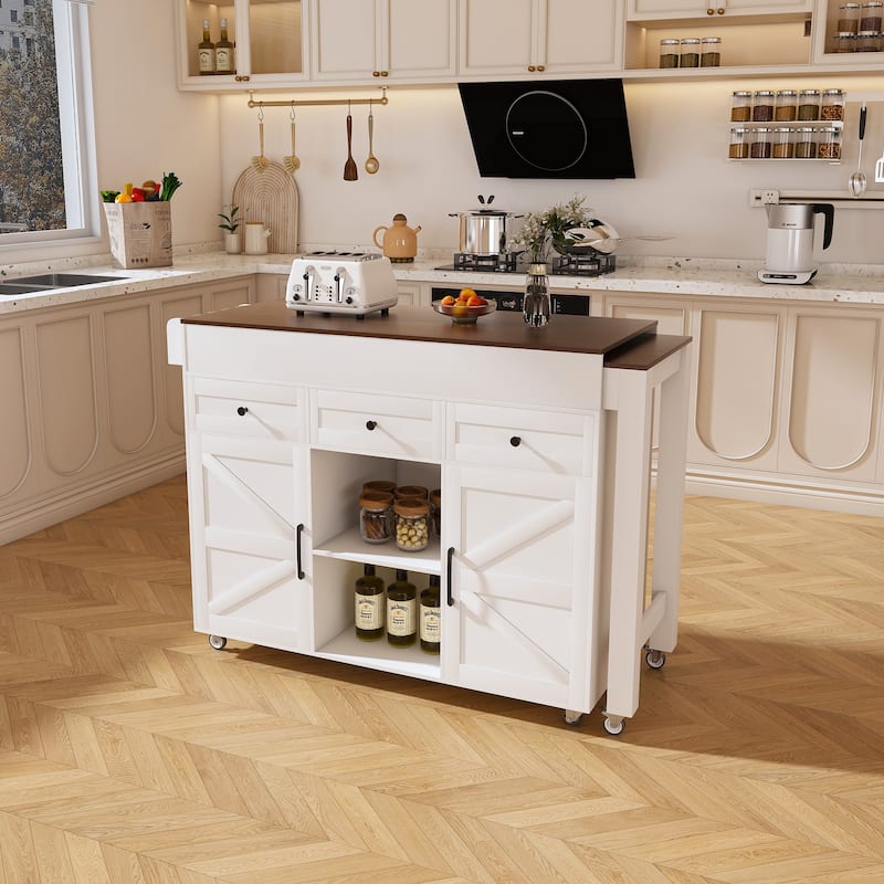 74.8"Kitchen Island with Extendable Dining Table & Power Outlet-Rolling Storage Cart on Wheels with 3 Drawers & 2 Door Cabinet