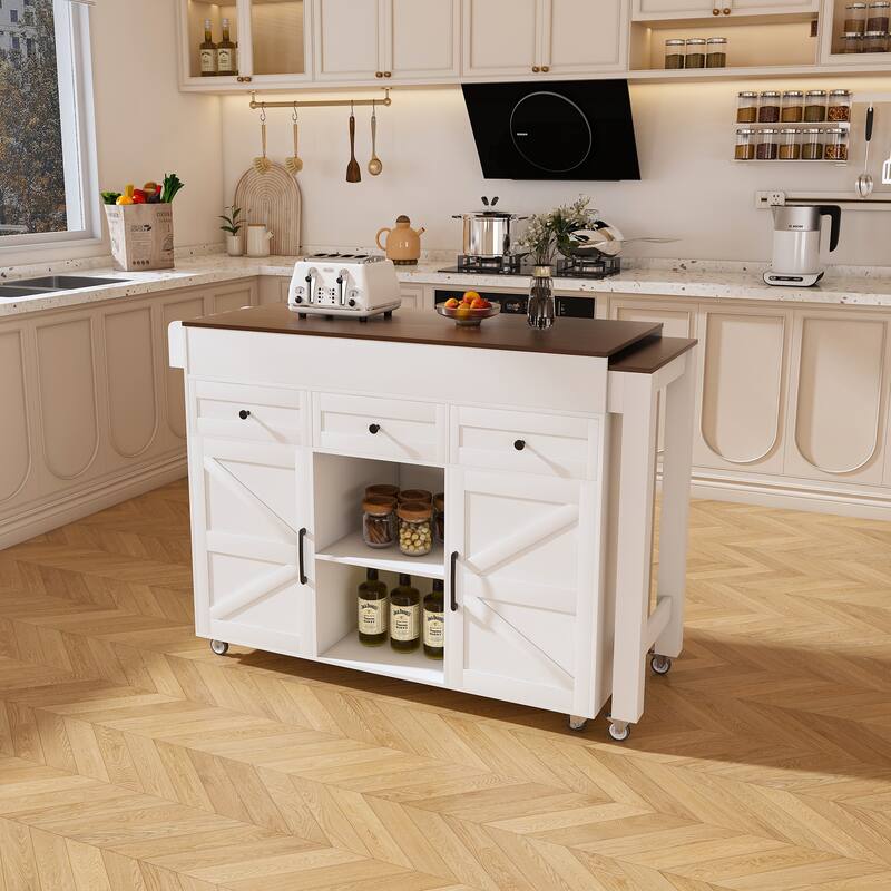 Kitchen Island with Extendable Dining Table, Kitchen Storage Cart on Wheels with 2 Drawers, Rolling Extendable Island Cart