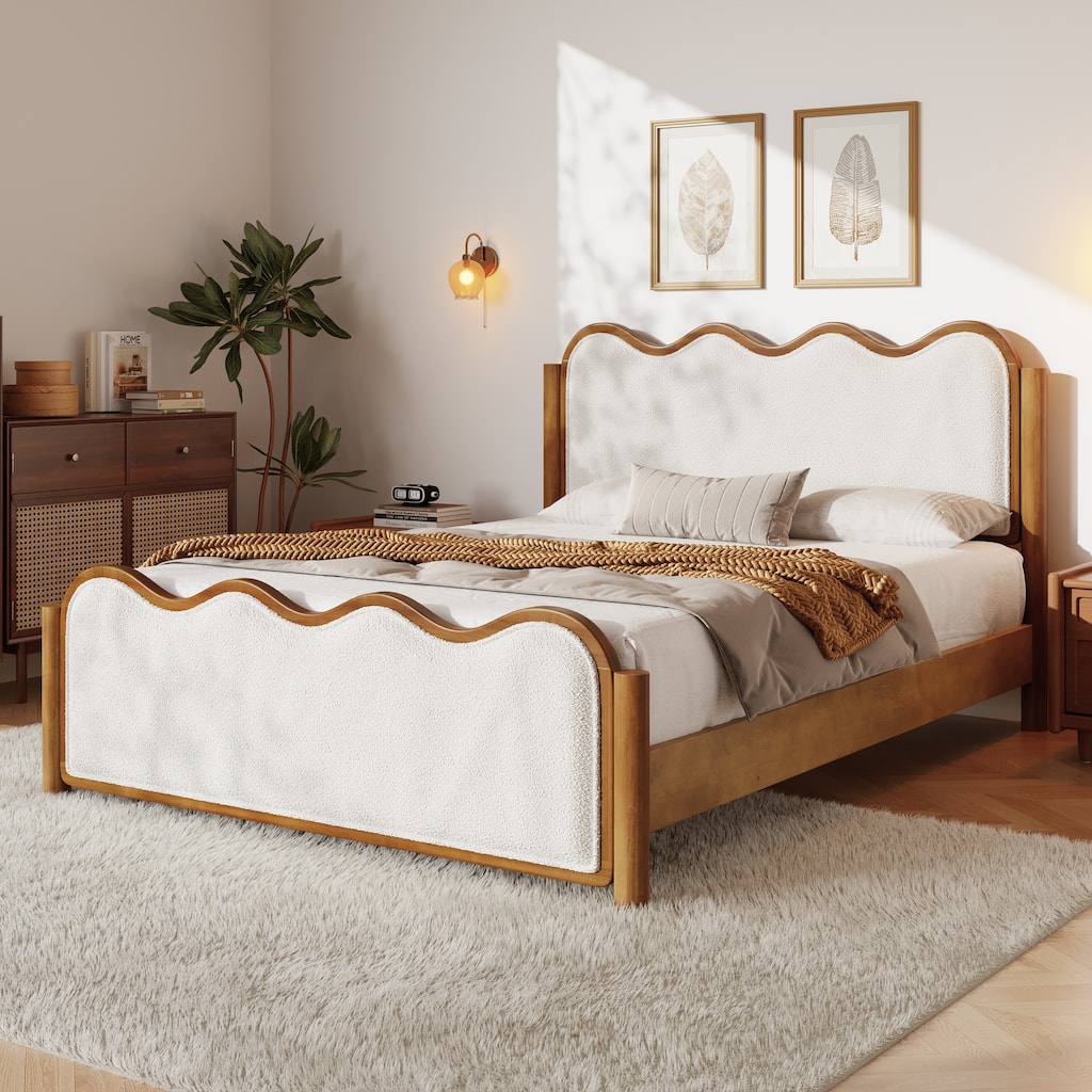 Christopher Knight Home - Modern Upholstered Boucle Bed Frame with Solid Wood Legs with Wavy Curved Headboard