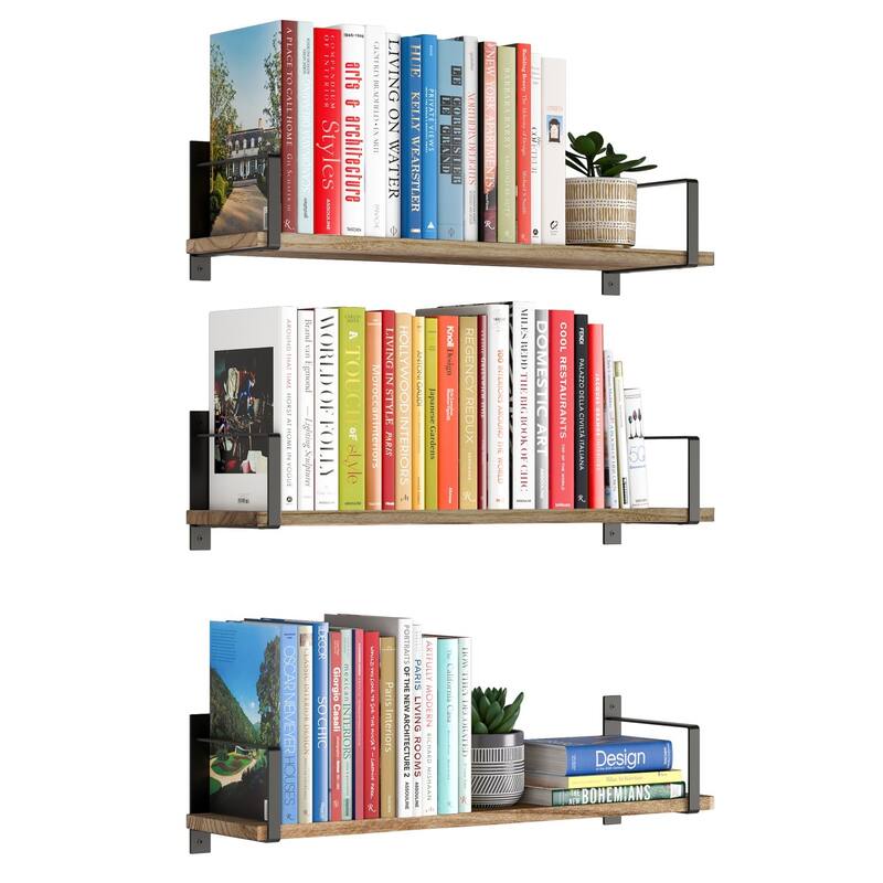 Wallniture Toledo 24" Wood Floating Shelves, Rustic Floating Bookshelf Set of 3, Black Bracket