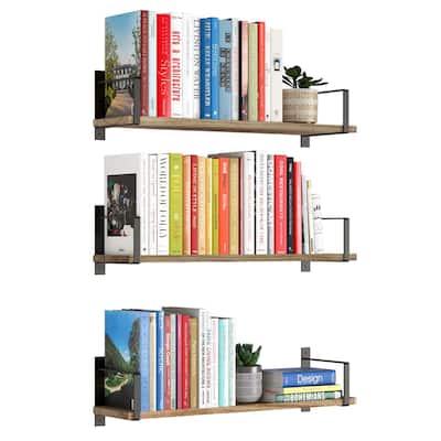 Wallniture Toledo 24" Wood Floating Shelves, Rustic Floating Bookshelf Set of 3, Black Bracket