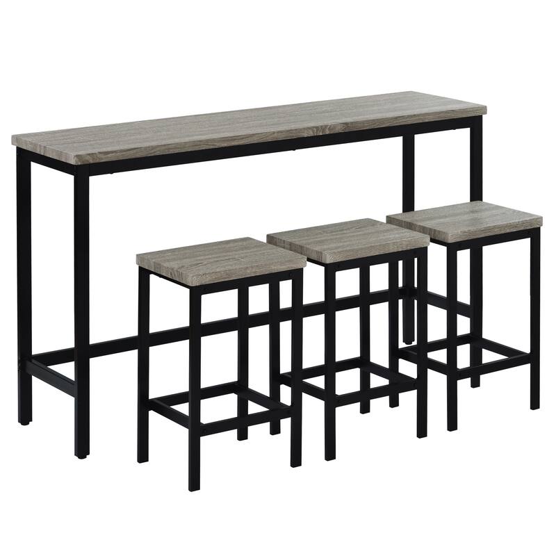 Counter Height Extra Long Dining Table Set with 3 Stools Pub Kitchen Set Side Table with Footrest, Gray