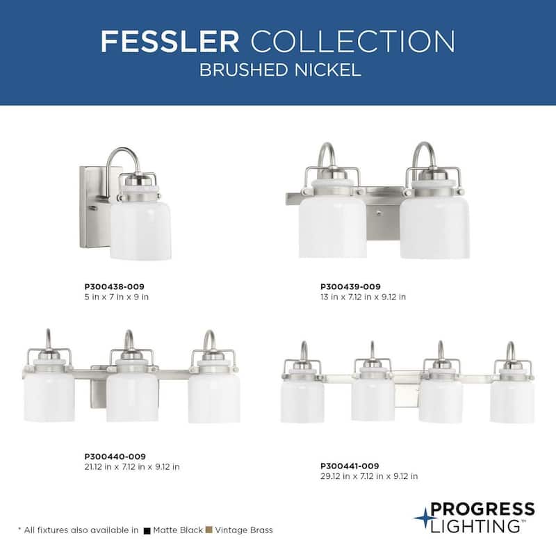 Fessler Collection Four-Light Brushed Nickel Opal Glass Farmhouse Bath Light - 29.12 in x 7.12 in x 9.12 in