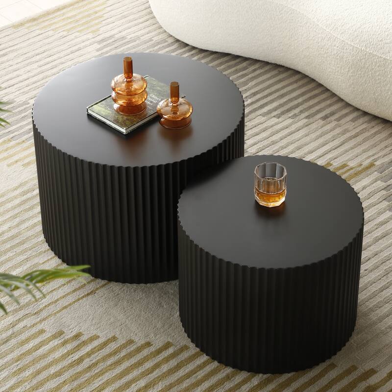 Modern Glam Relief Carving Round Accent Nesting Side Fluted Coffee Tables Set (2 Pack) No Assembled