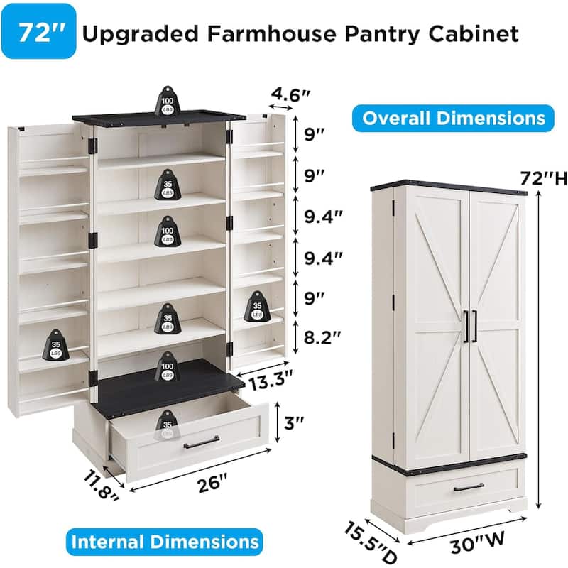 72" Farmhouse Kitchen Pantry Cabinet, Tall Storage Cabinet, Cupboard