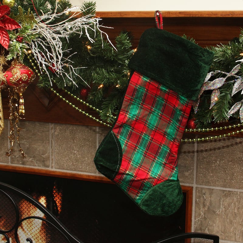 19" Christmas Traditions Woven Plaid and Velvet Stocking