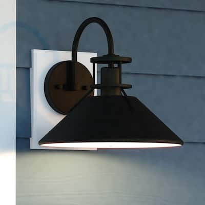 Canton Steel 1 Light LED Compatible Dusk to Dawn Matte Black and White Farmhouse Outdoor Wall Lantern