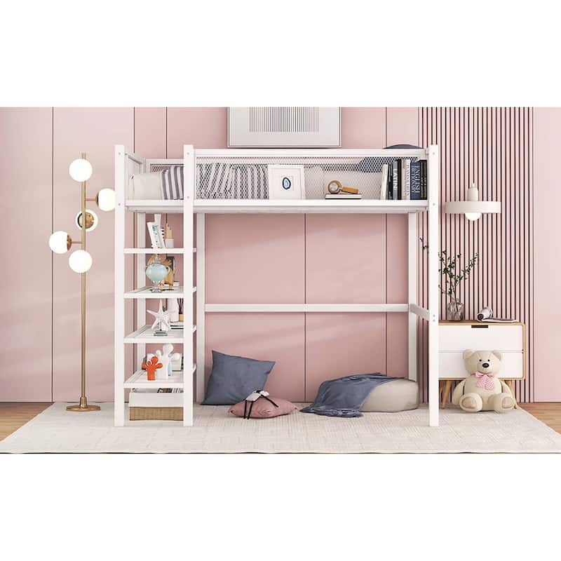 Metal Loft Bed with 4-Tier Shelves and Storage