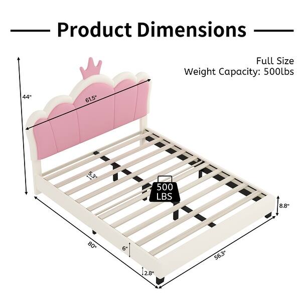 dimension image slide 0 of 4, Cute Girl Princess Bed with Crown Headboard, PU Upholstered Platform Bed, Wood Panel Bed Low Profile Bed