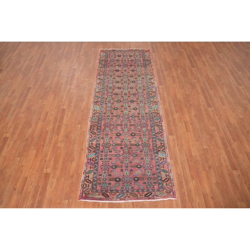 Hand Knotted Oriental 100% Wool Carpet Traditional Geometric Pink Hamedan Runner Rug - 9' 8'' X 3' 4''