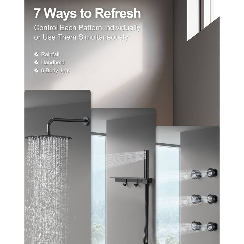 GRANDJOY Shower Faucet System 12" Wall Mount Rainfall Shower Head Body Jets Handheld Spray with Hose Thermostatic