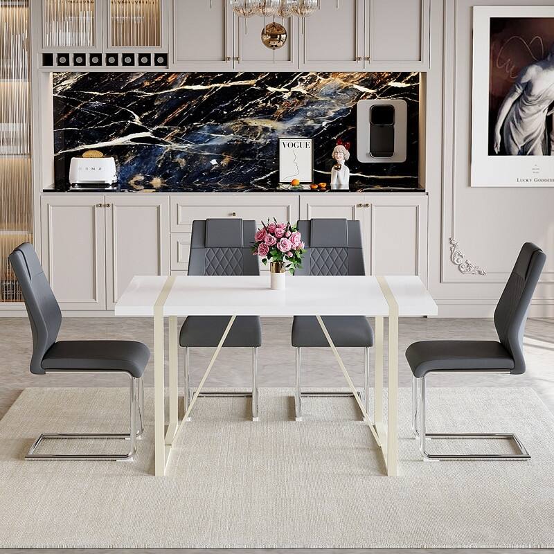 5-Piece Cream White MDF Dining Table Set, with 4 Chairs, Silver Metal Legs, Kitchen Dining Room Set