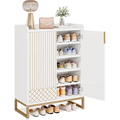 White 5 Tier Shoe Cabinet with Steel Legs Diamond Pattern Storage Organizer for 20 to 25 Pairs of Shoes