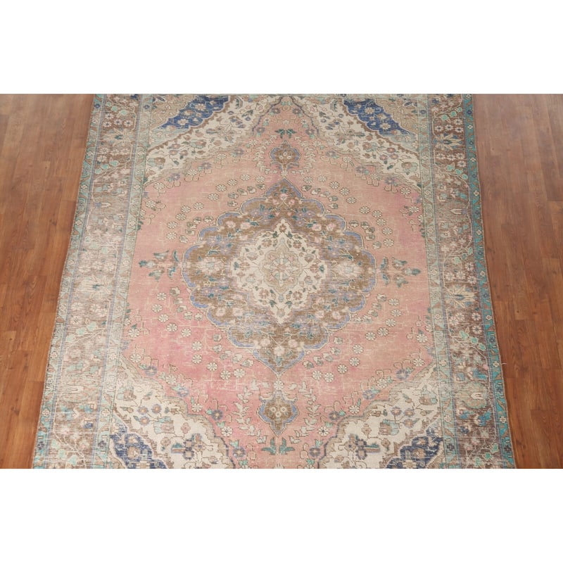 Hand Knotted Oriental 100% Wool Carpet Traditional Medallion Pink Tabriz Area Rug - 9' 8'' X 6' 8''