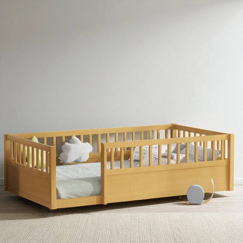 Twin/Full Montessori Floor Bed with High Fence & Open Door, Solid Pine, Playroom/Bedroom, No Box Spring