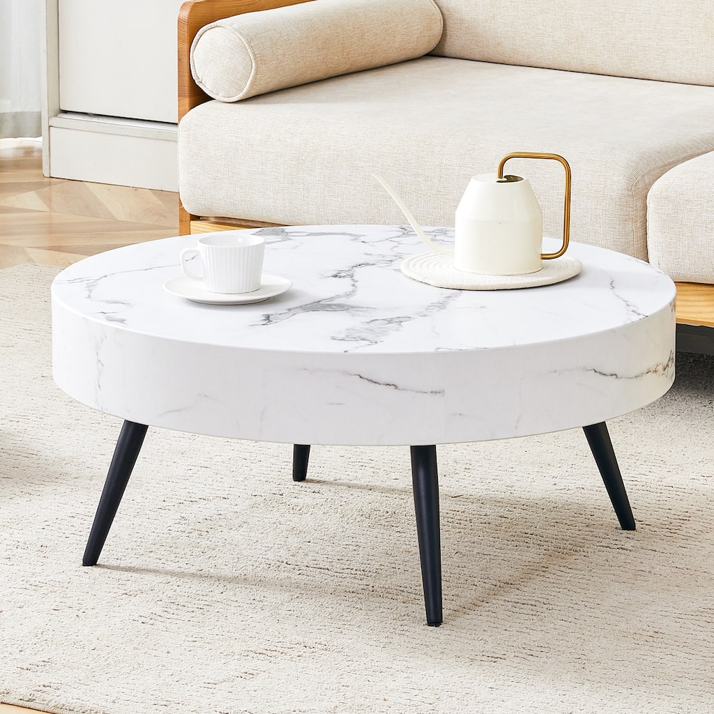 31.5 Inch Round Coffee Table with Adjustable Legs Small End Table with Marble Sticker Top Home Center Table