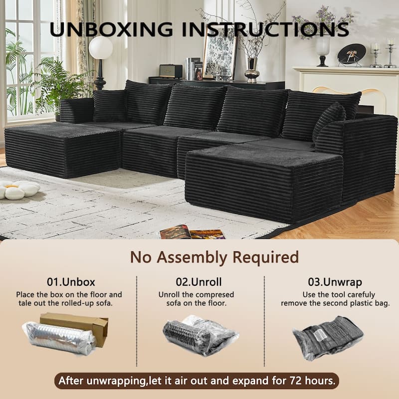 130" U-Shaped Corduroy Sectional Sofa with 2 Ottomans, No Assembly Required