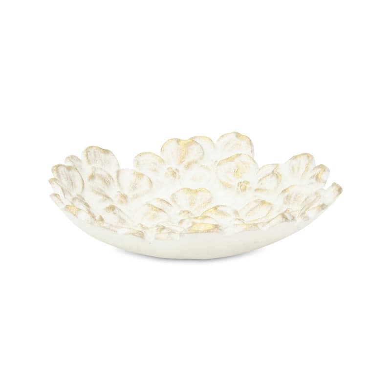 HomeRoots 7" White And Gold Cast Iron Flower Round Trinket Tray - 7.00 in. x 1.62 in. x 7.00 in.