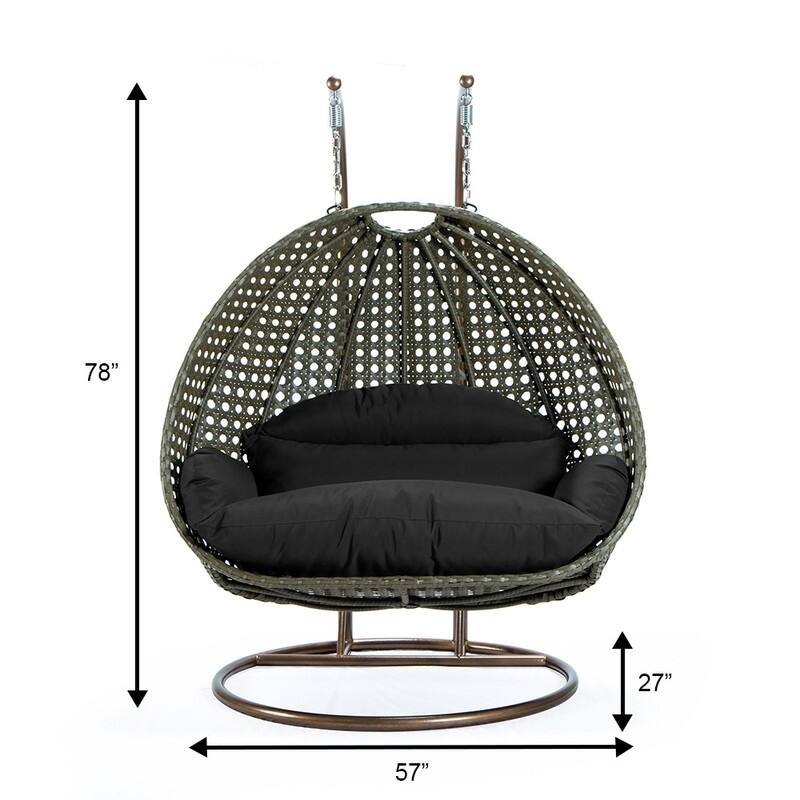 LeisureMod 2-Person Hanging Egg Swing Chair with Metal Stand - Handcrafted Charcoal Wicker, Patio Hammock Lounger with Cushions