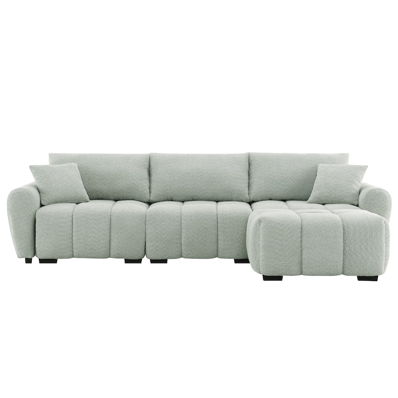 L-Shaped Sectional Sofa with Movable Ottoman, Boucle Fabric Couch with 2 Throw Pillows, Modular Upholstered 4 Seat Sofa