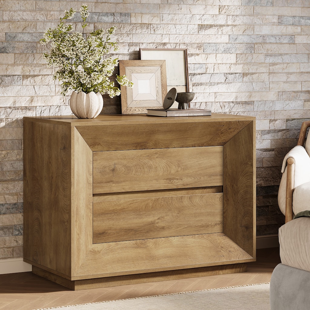 35.4" W Nightstand, Oak Large Night Stand with 2 Drawers