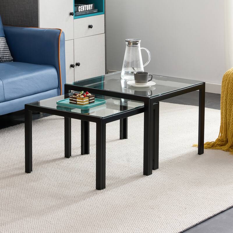 Nesting Coffee Table Set of 2, Square Modern Stacking Table with