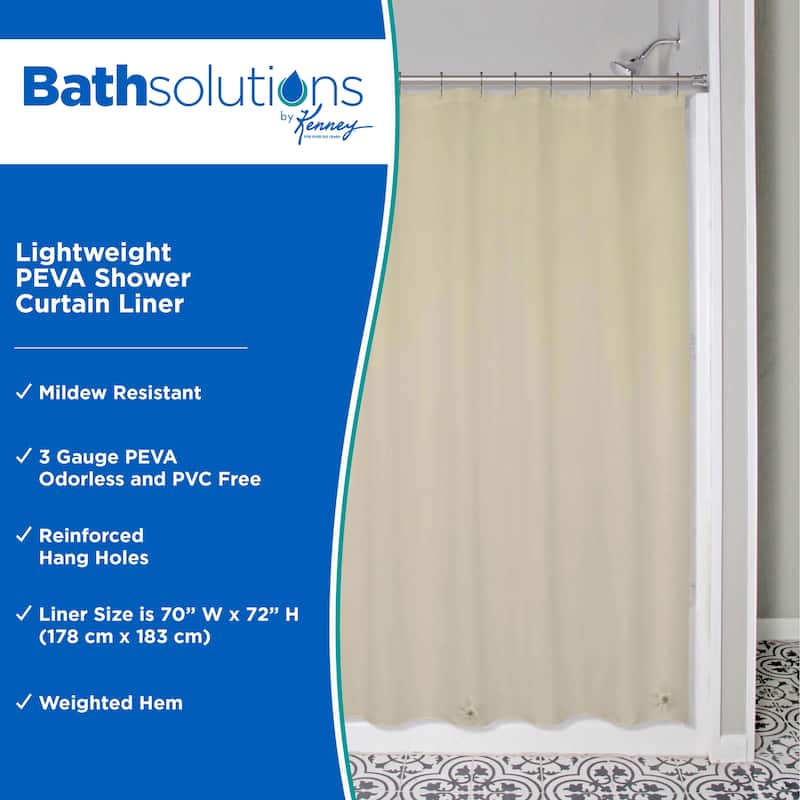 Kenney Lightweight PEVA Shower Curtain Liner, 70" W x 72" H