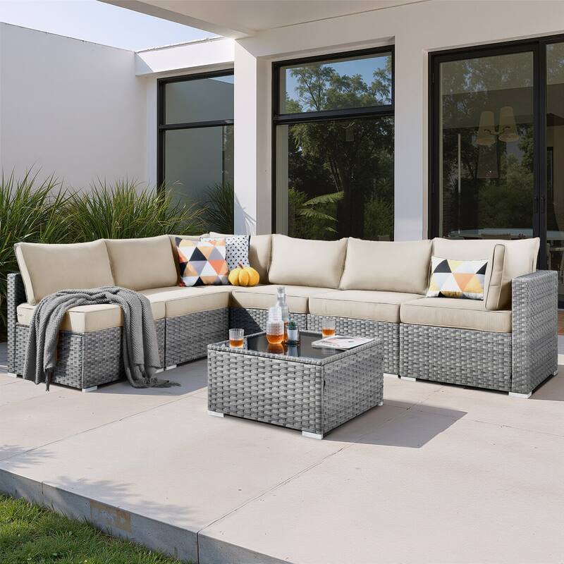XIZZI 7-Piece Outdoor Patio Wicker Sectional Set with Coffee Table - Beige