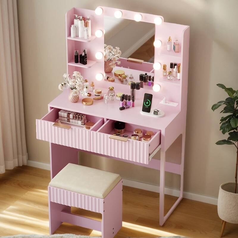 Particle Board Veneered with Textured Melamine, 2-drawer 4-Shelf, comes with 10 Three-color Dimmable Bulbs, Dressing Table Set