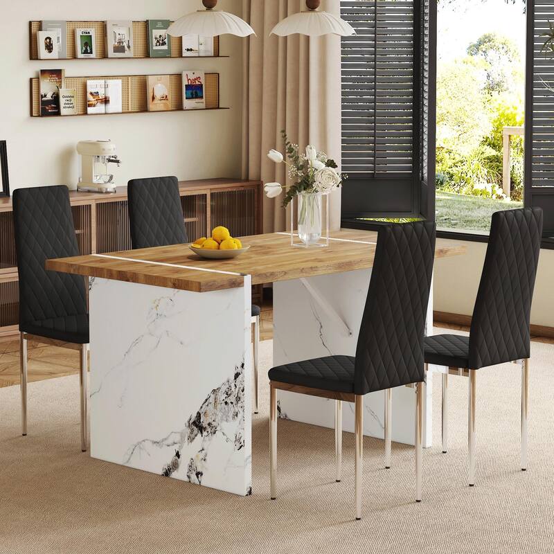 Black Texture Dining Table Set with Stainless Steel O-Shaped Legs, Chair with C-shaped Bases, Scratch-Resistsnt