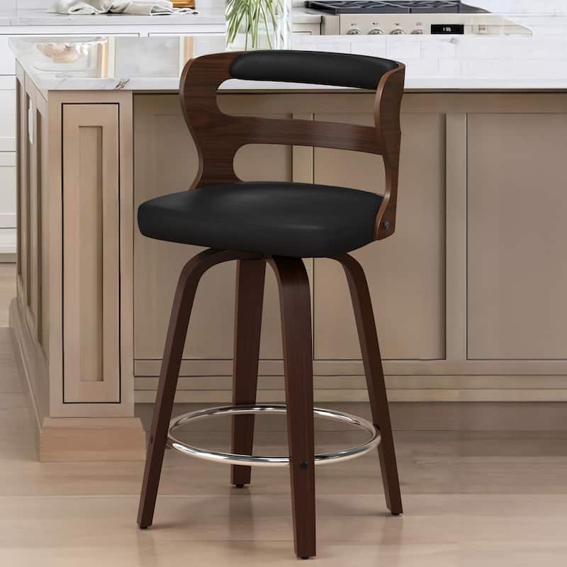 LUE BONA 26" Walnut and Faux Leather Swivel Counter Bar Stools With Backs - 26" H