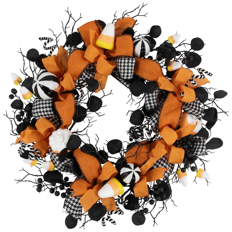 Houndstooth Bows and Candy Corn Halloween Wreath - 24"